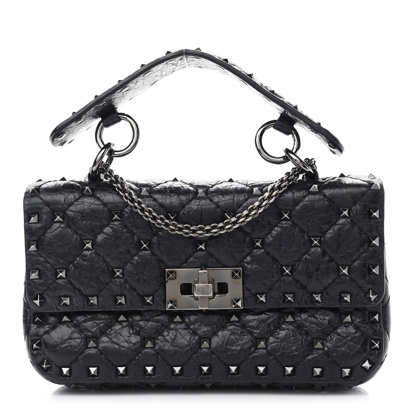 Craquele Nappa Small Rockstud Spike Shoulder Bag Black