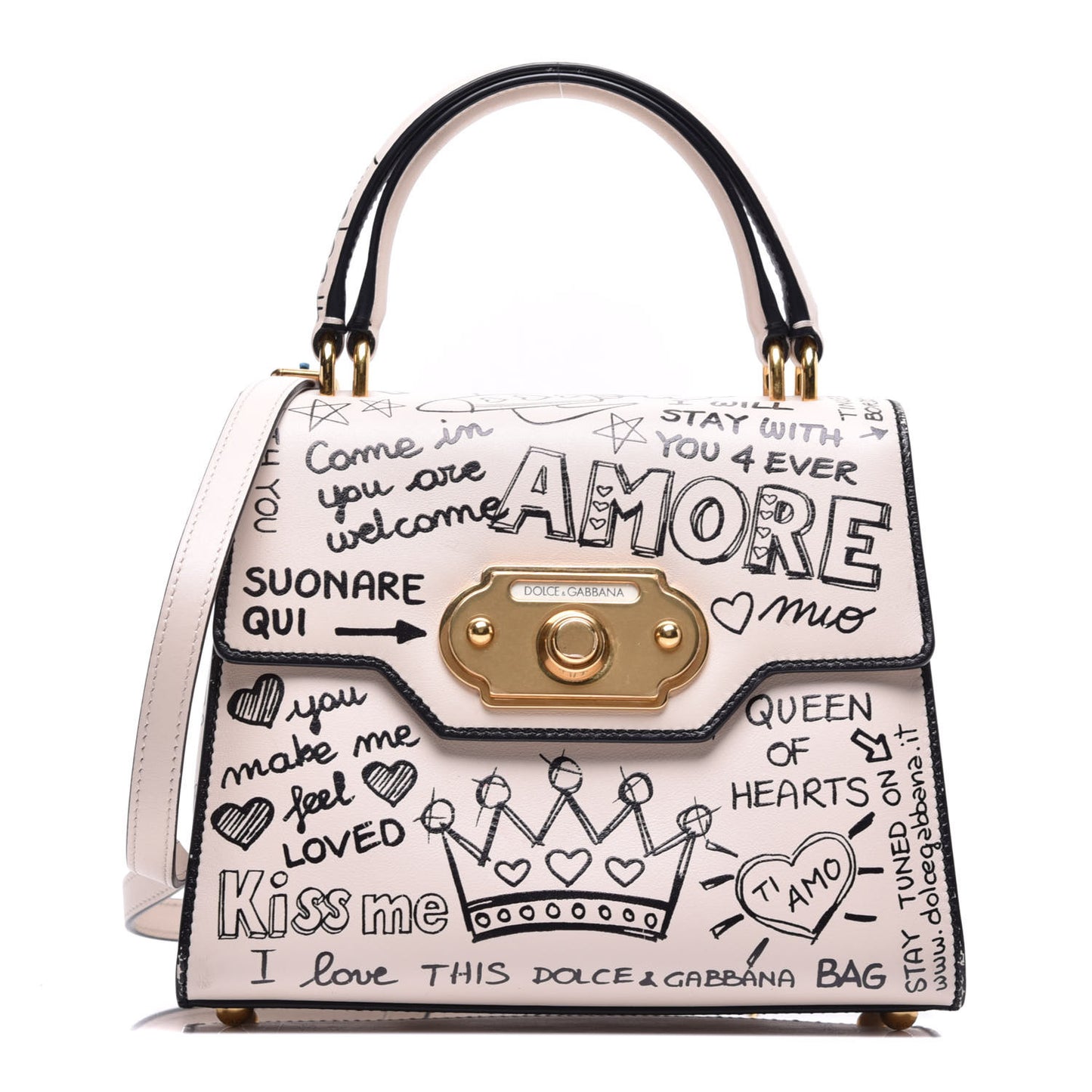 Calfskin Graffiti Printed Welcome Satchel White Black