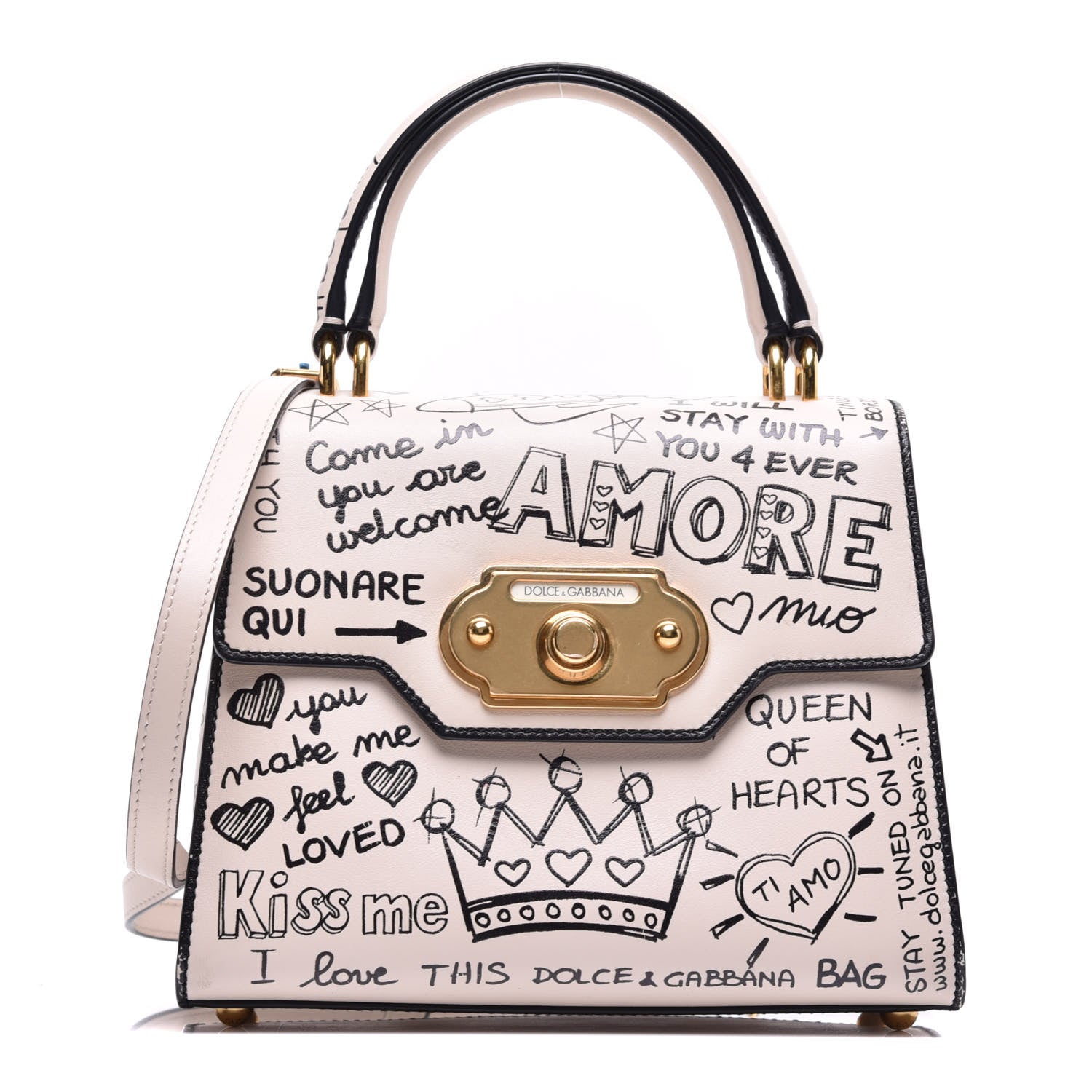 Dolce & Gabbana Calfskin Graffiti Printed Welcome Satchel White Black 1 of 9
