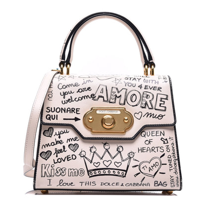 Dolce & Gabbana Calfskin Graffiti Printed Welcome Satchel White Black 1 of 9