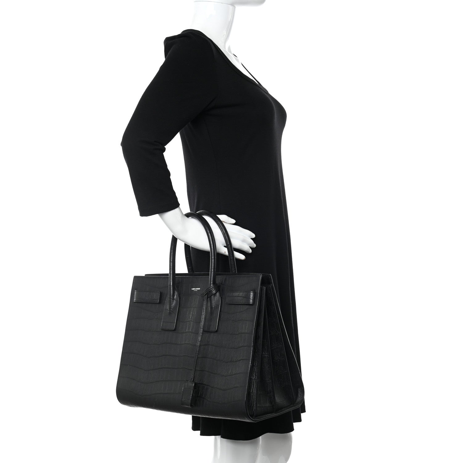 Saint Laurent Calfskin Crocodile Embossed Large Sac De Jour Carryall Black 2 of 10