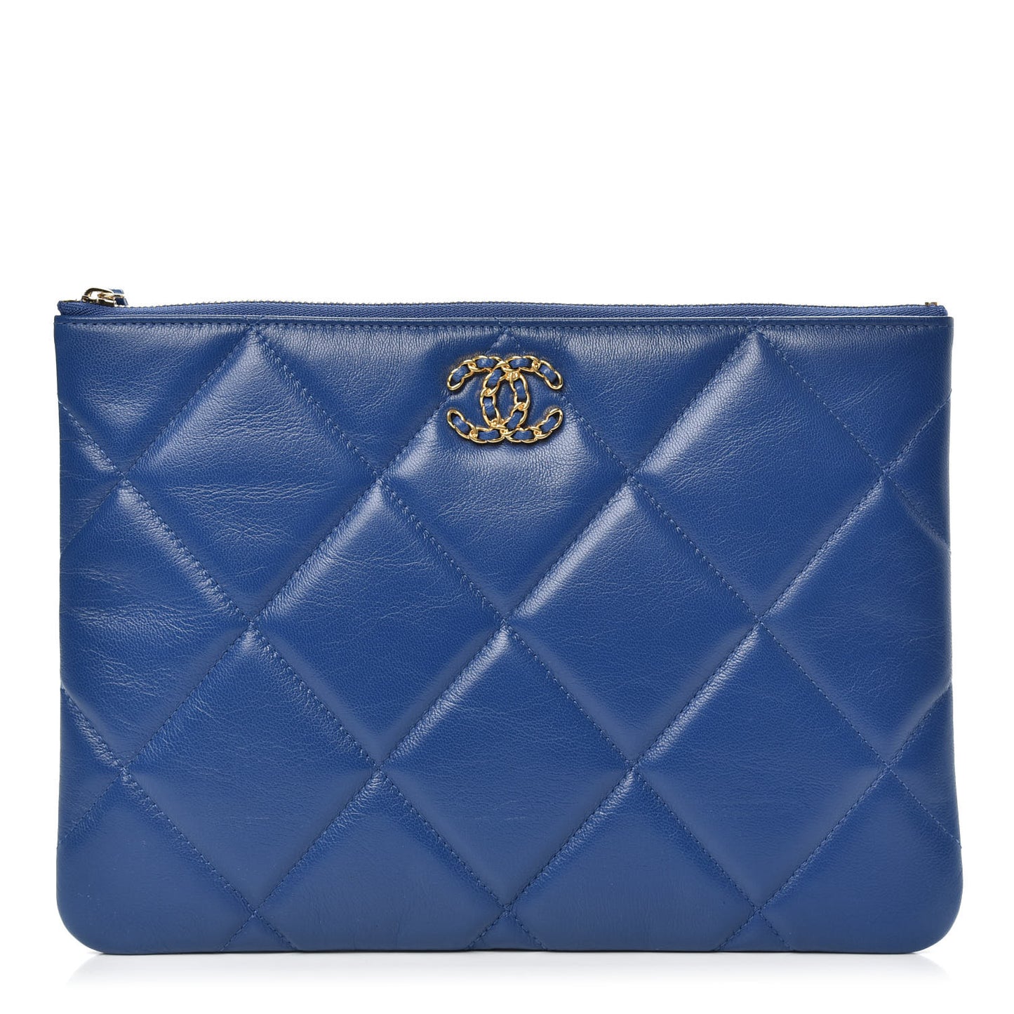 Goatskin Quilted Large Chanel 19 Pouch Dark Blue