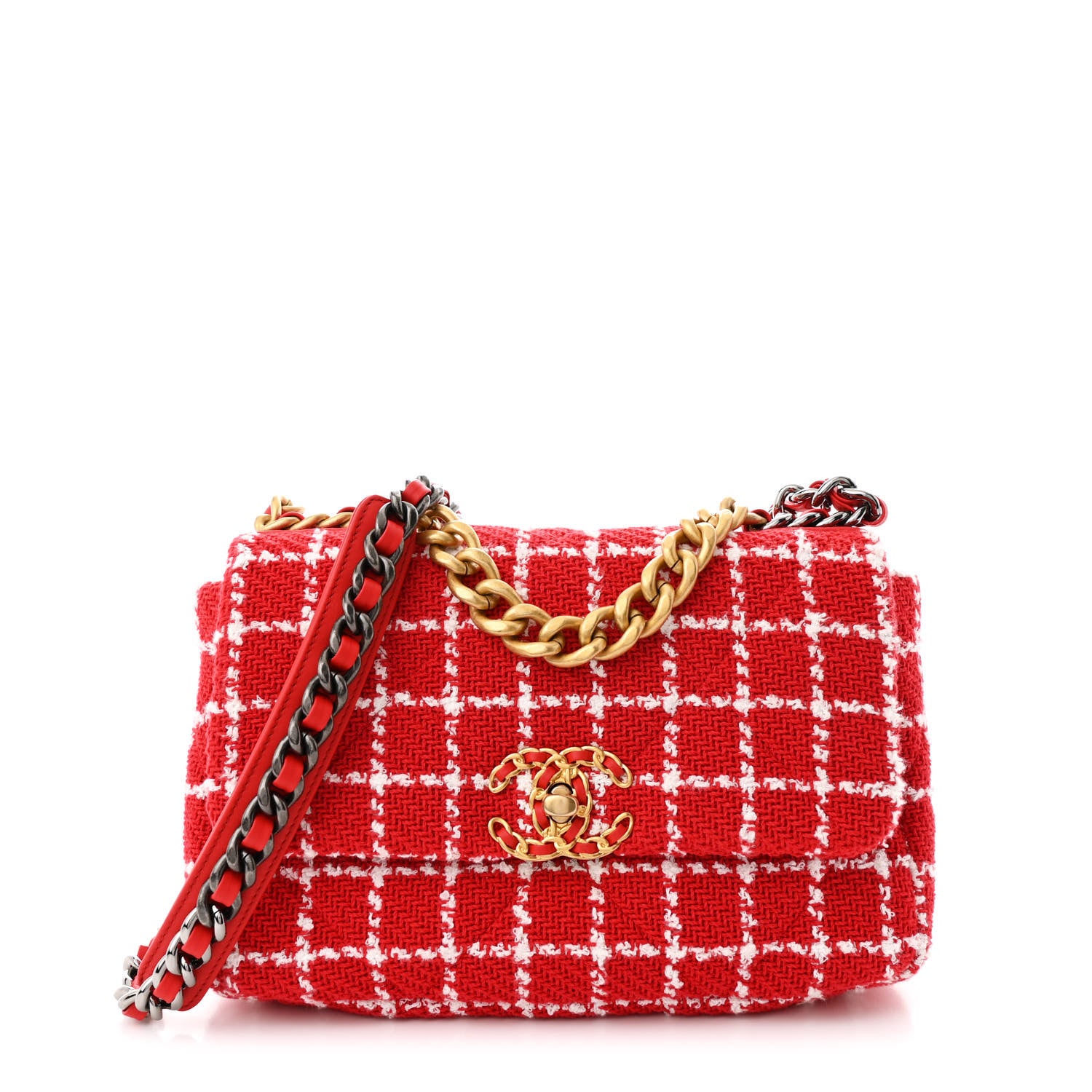 Chanel Tweed Quilted Medium Chanel 19 Flap Red White 1 of 10