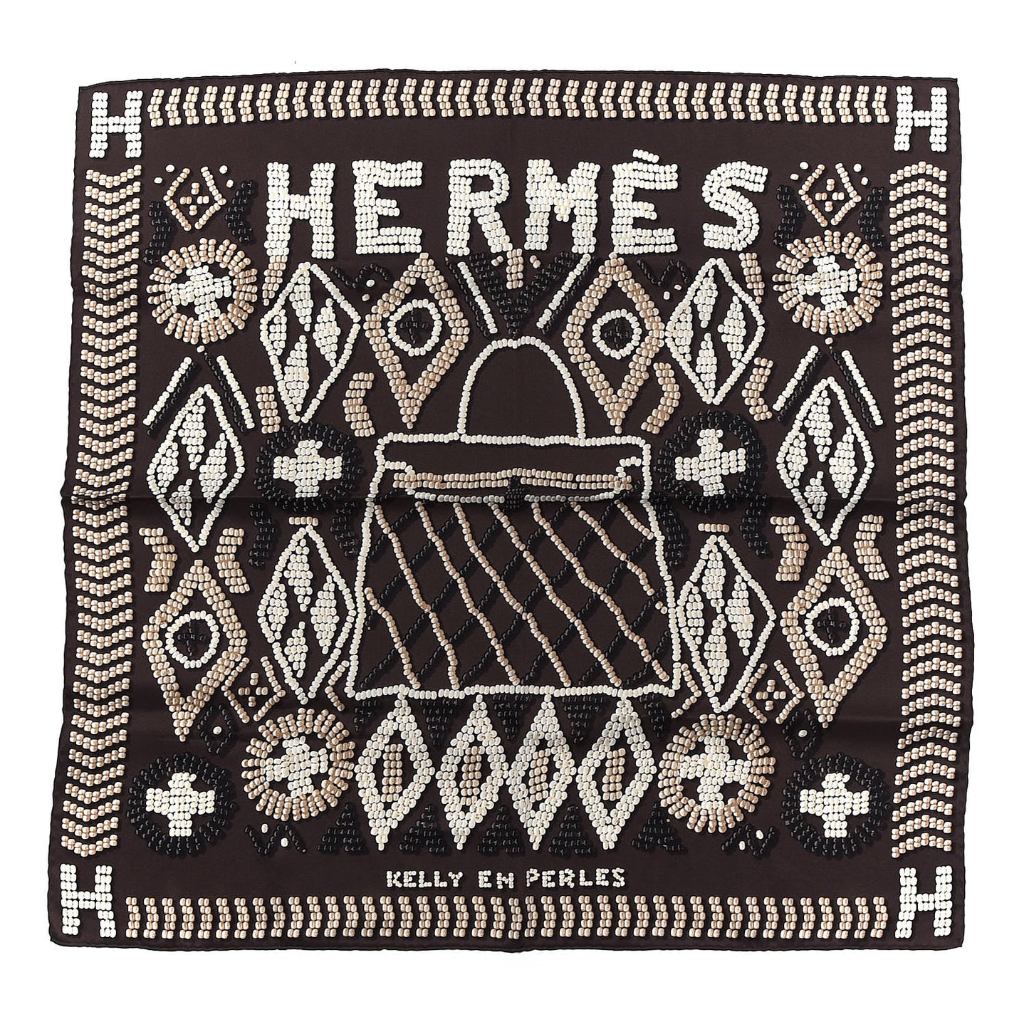 Silk Kelly En Perles Scarf 70 Chocolate Creme Beige
