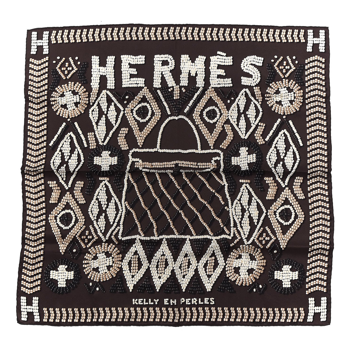 Hermes Silk Kelly En Perles Scarf 70 Chocolate Creme Beige 1 of 6