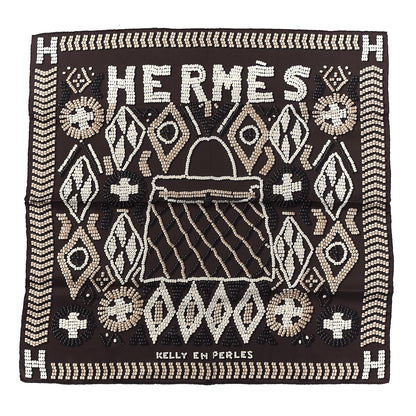 Hermes Silk Kelly En Perles Scarf 70 Chocolate Creme Beige 1 of 6