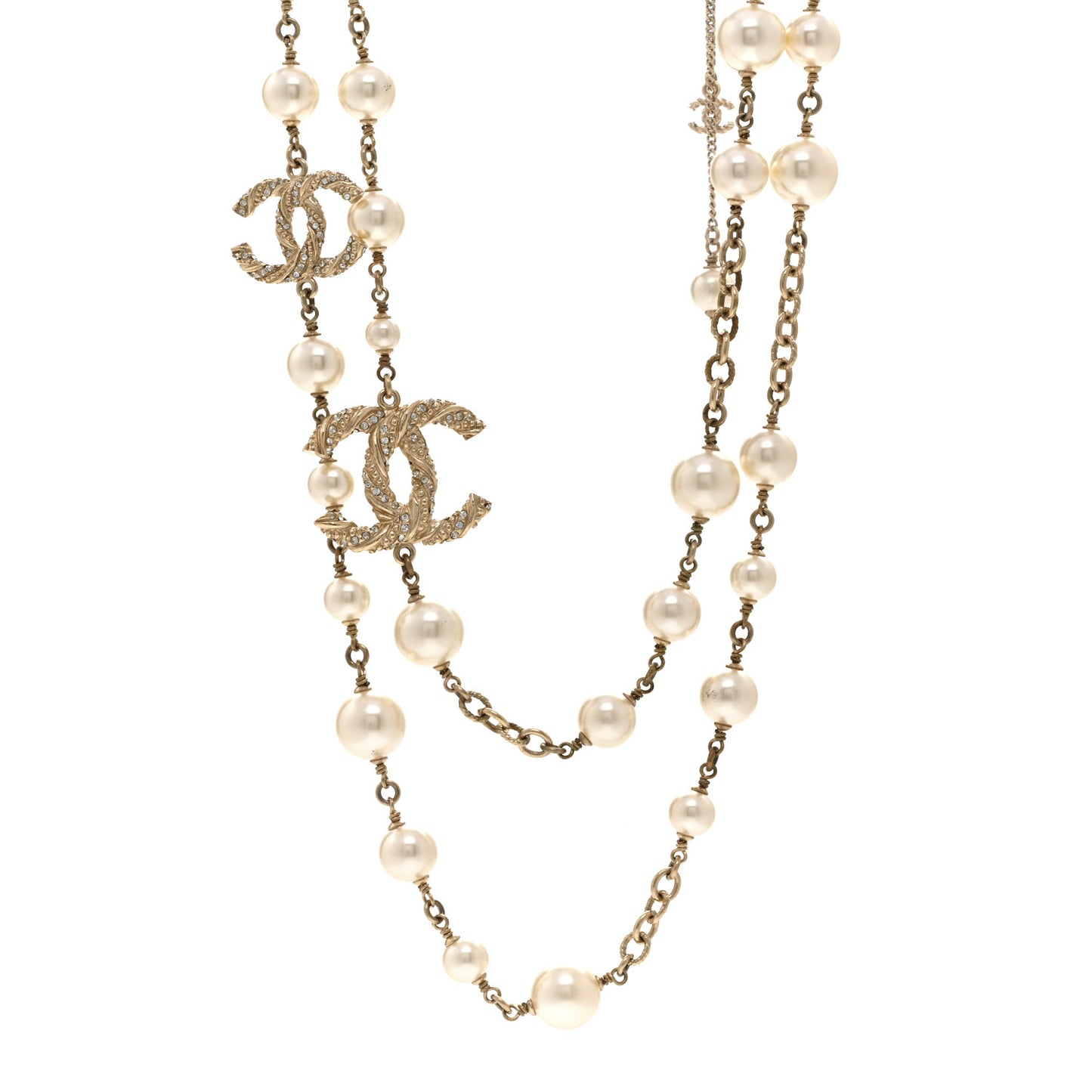Graduated Pearl Crystal Twisted CC Long Necklace Gold