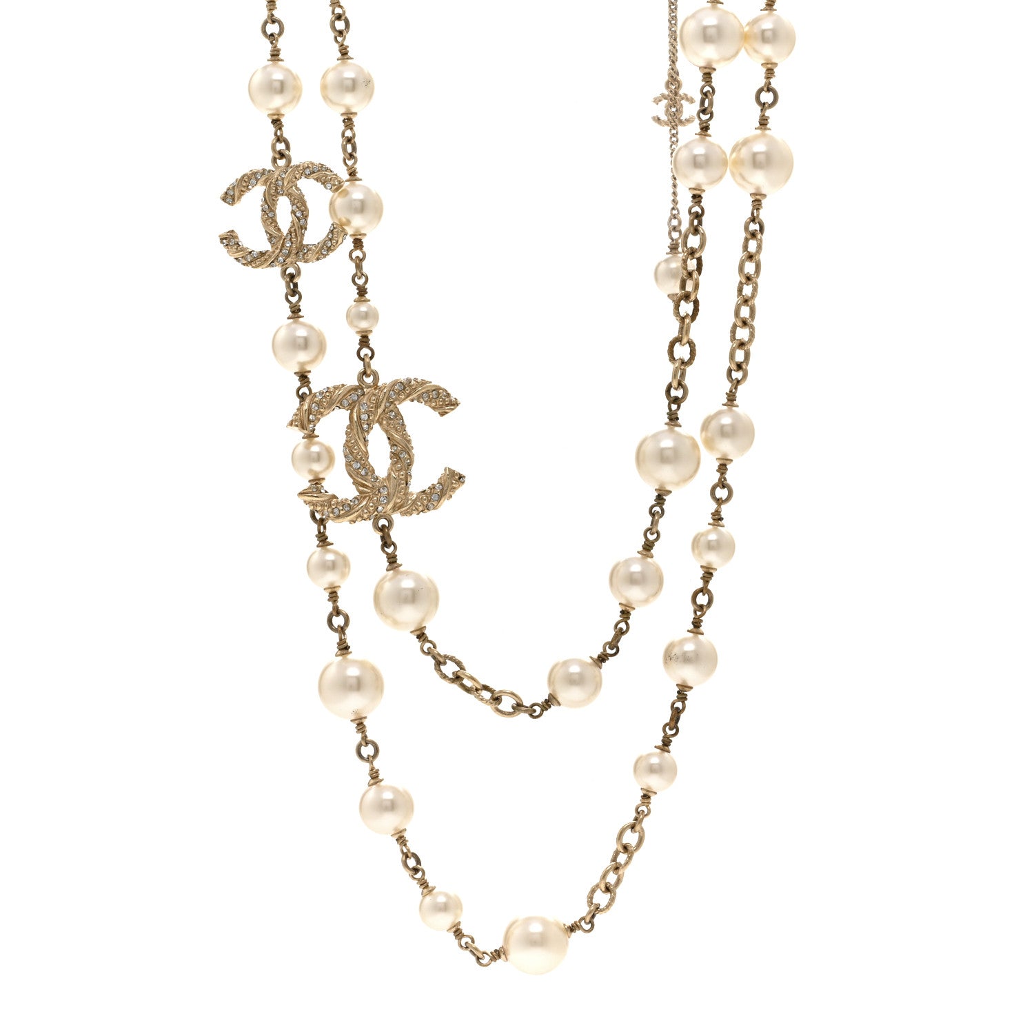 Chanel Graduated Pearl Crystal Twisted CC Long Necklace Gold 1 of 5