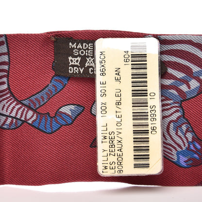 Hermes Silk Les Zebres Twilly Bordeaux Violet Blue Jean 4 of 5