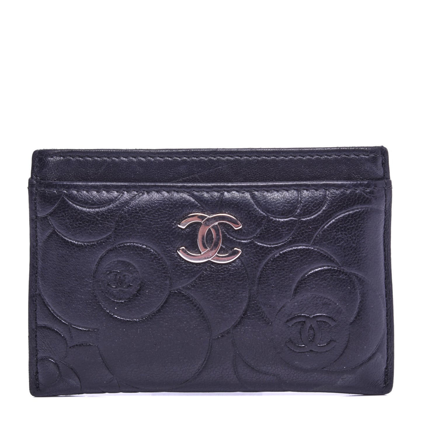 Lambskin Camellia Embossed Card Holder Black