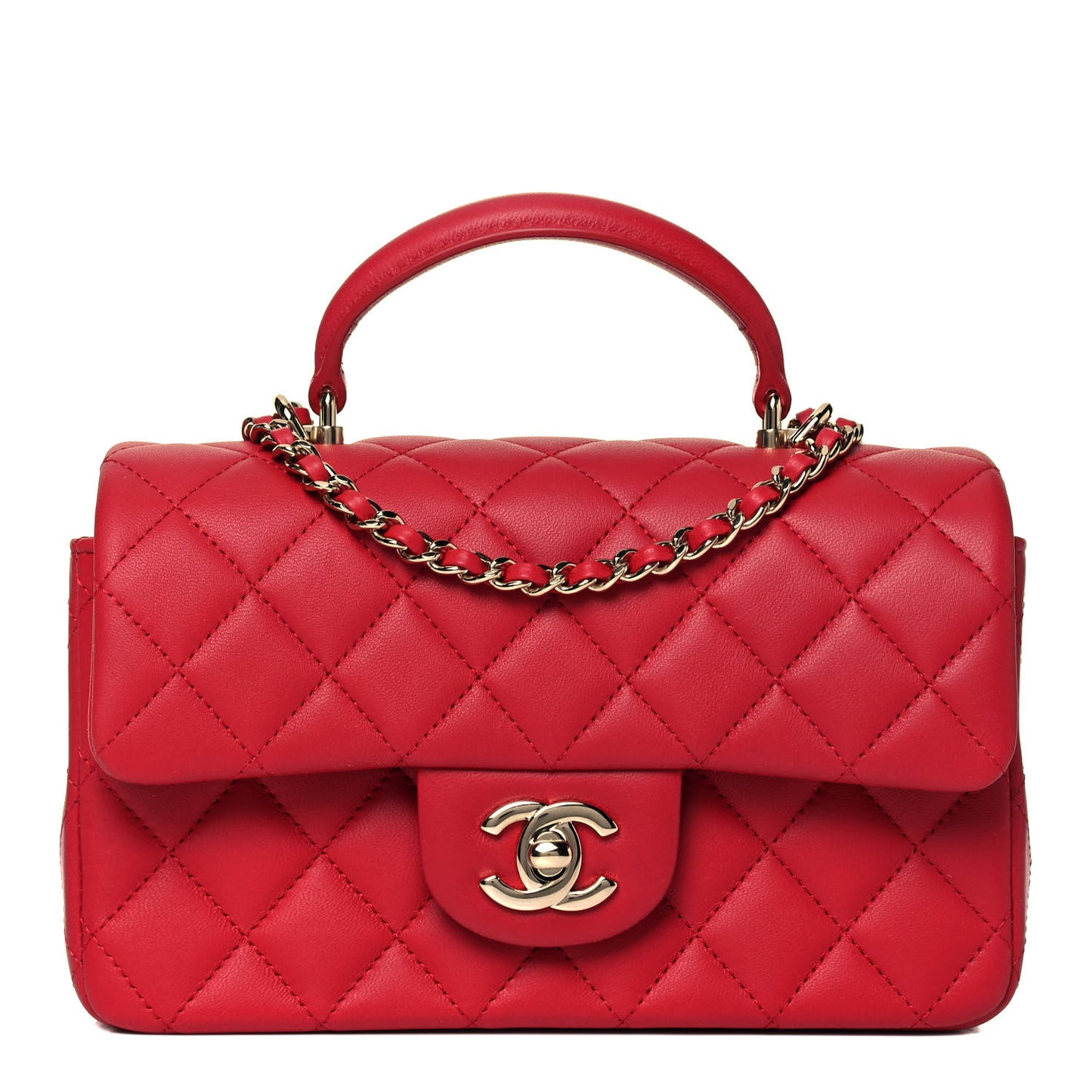 Lambskin Quilted Mini Top Handle Rectangular Flap Red