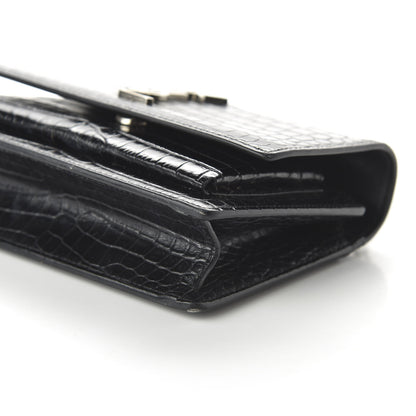 Saint Laurent Calfskin Crocodile Embossed Monogram Sunset Chain Wallet Black 7 of 9