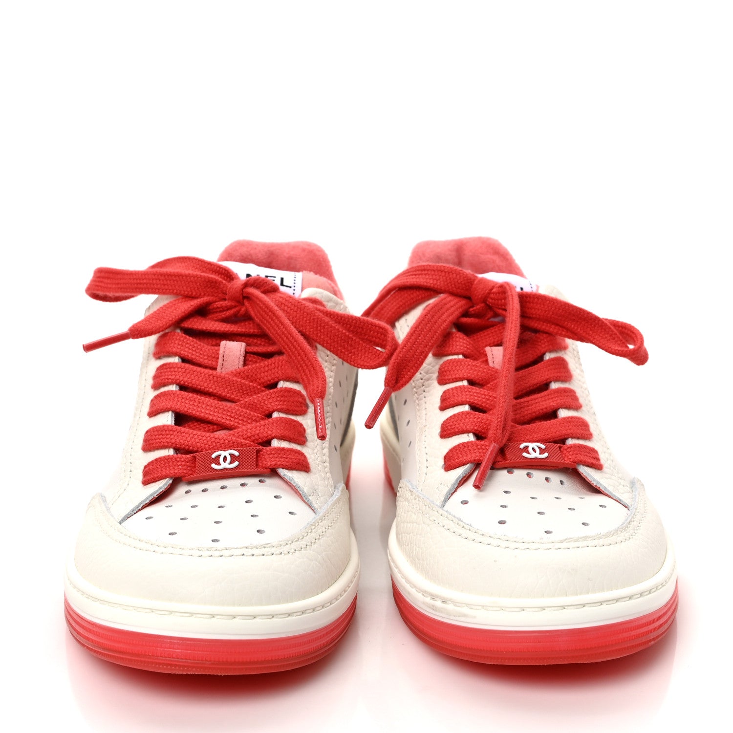 Chanel Grained Calfskin Fabric Womens Logo Sneakers 38 White Red 2 of 9