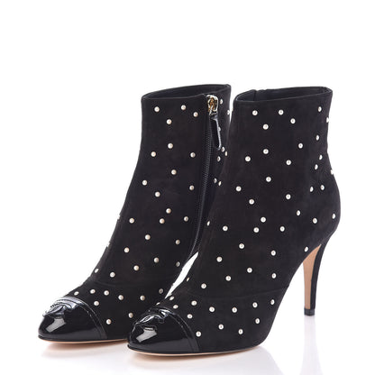 Chanel Suede Pearls Cap Toe Short Boots 36.5 Black 3 of 8