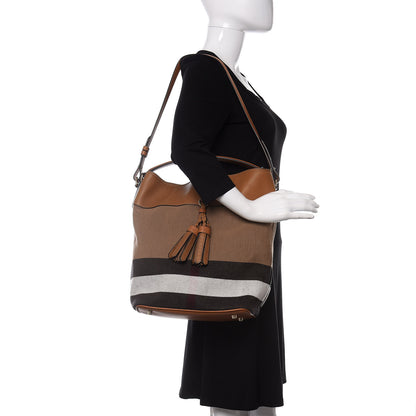 Burberry Grainy Calfskin Canvas Mega Check Medium Ashby Tassel Hobo Saddle Brown 3 of 10