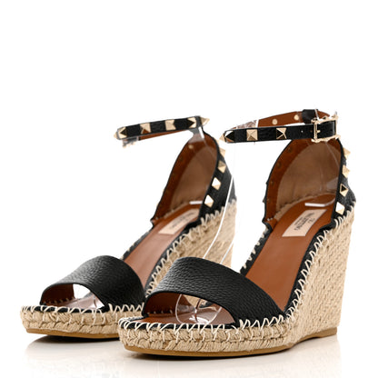 Valentino Garavani Grained Calfskin Rockstud Ankle Strap Espadrille 15/105mm Wedge Sandals 39 Black Light Cuir Natural 3 of 11
