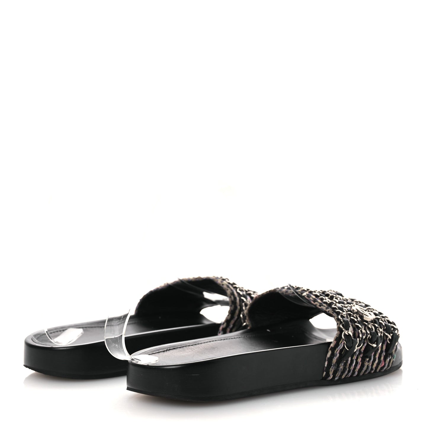 Tweed Lambskin Chain Flat Sandals 36 Black Multicolor