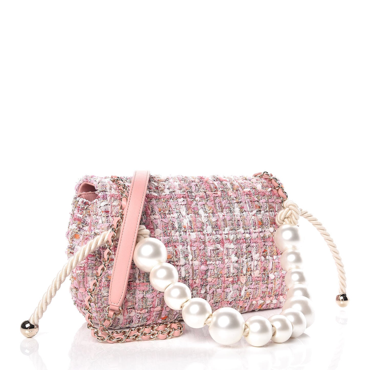 Tweed Medium Pearl Handle Flap Pink Beige Orange Ecru