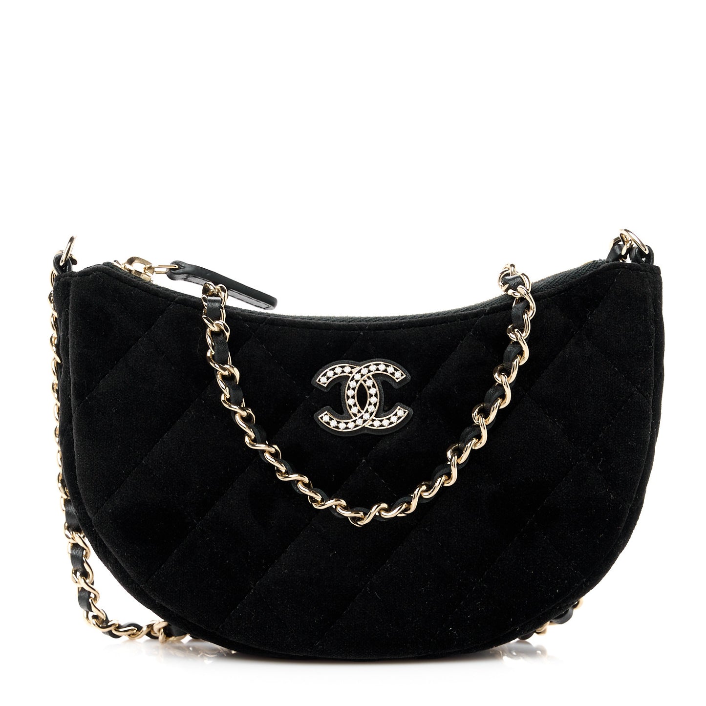 Velvet Crystal Quilted Chain Hobo Black