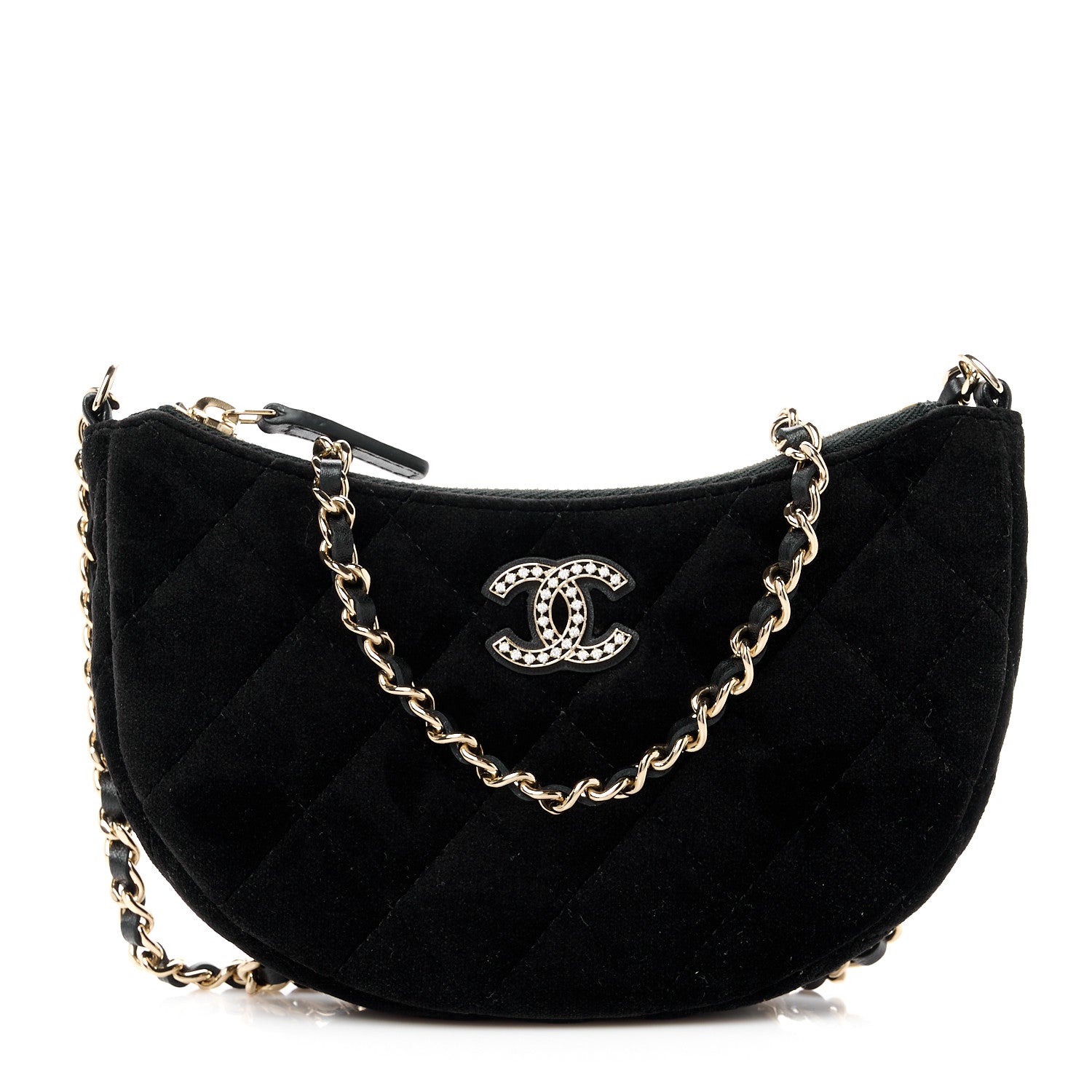 Chanel Velvet Crystal Quilted Chain Hobo Black 1 of 11