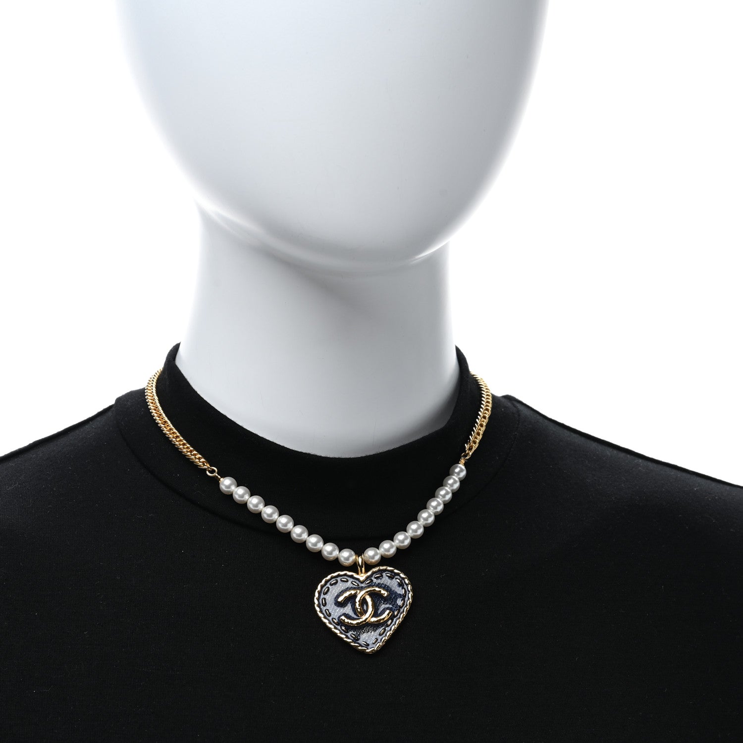 Chanel Metal Denim CC Heart Choker Gold Blue Pearly White 2 of 4