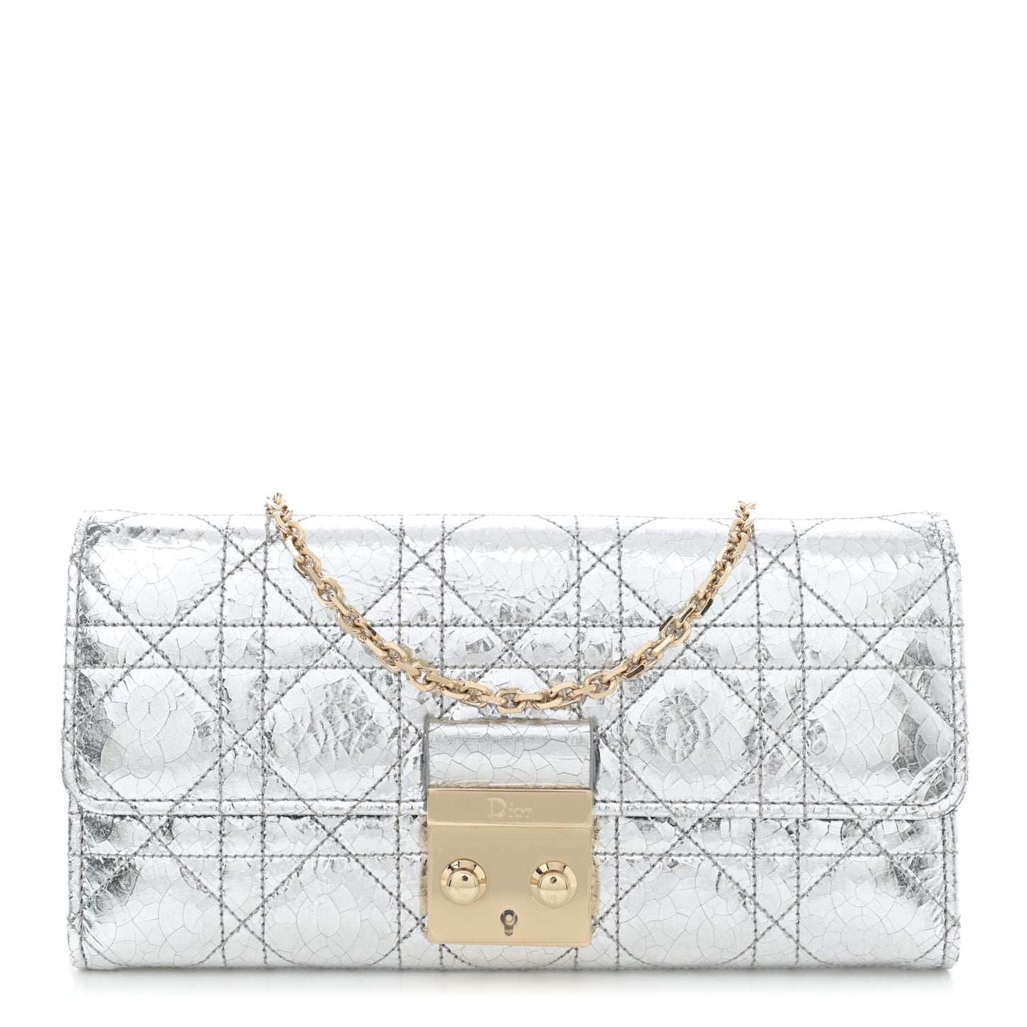 Metallic Crinkled Cannage Miss Dior Chain Wallet Silver