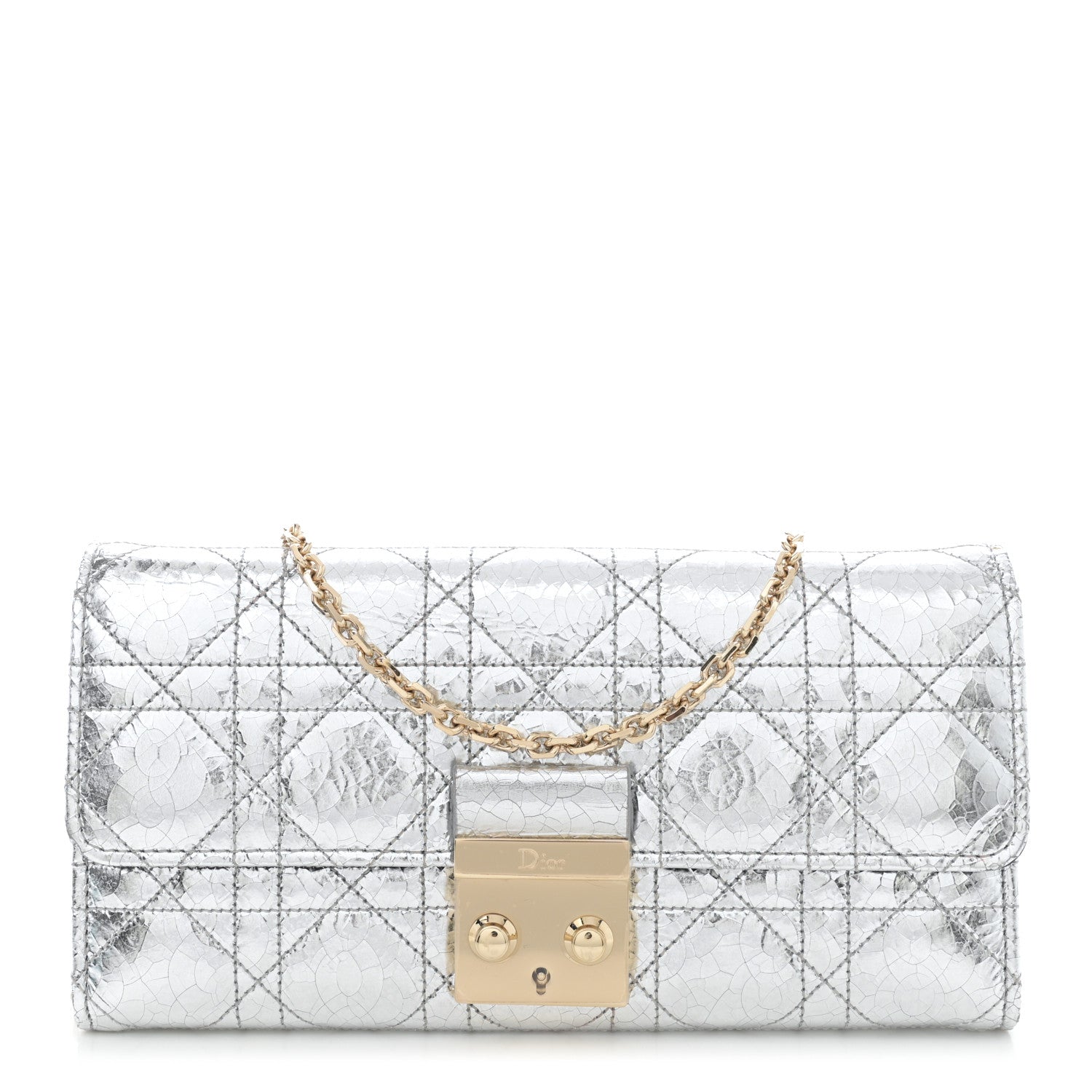 Christian Dior Metallic Crinkled Cannage Miss Dior Chain Wallet Silver 1 of 12