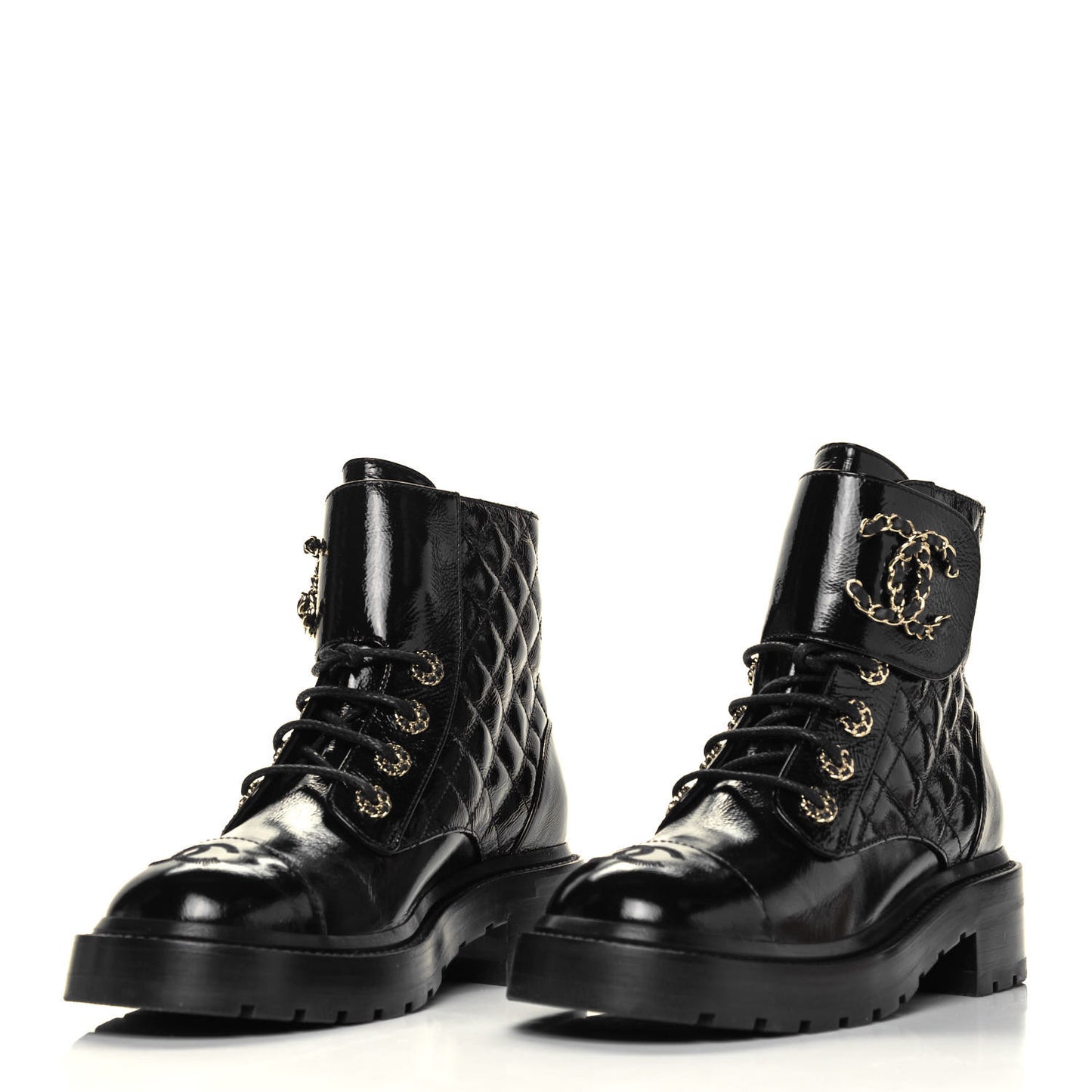 Shiny Calfskin Quilted Lace Up Combat Boots 36 Black