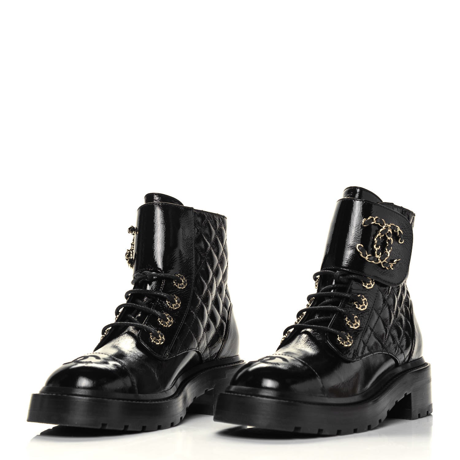 Chanel Shiny Calfskin Quilted Lace Up Combat Boots 36 Black 3 of 8