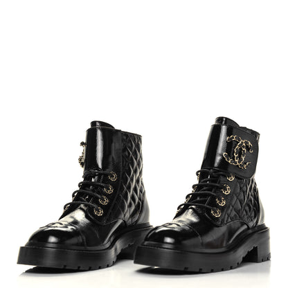 Chanel Shiny Calfskin Quilted Lace Up Combat Boots 36 Black 3 of 8
