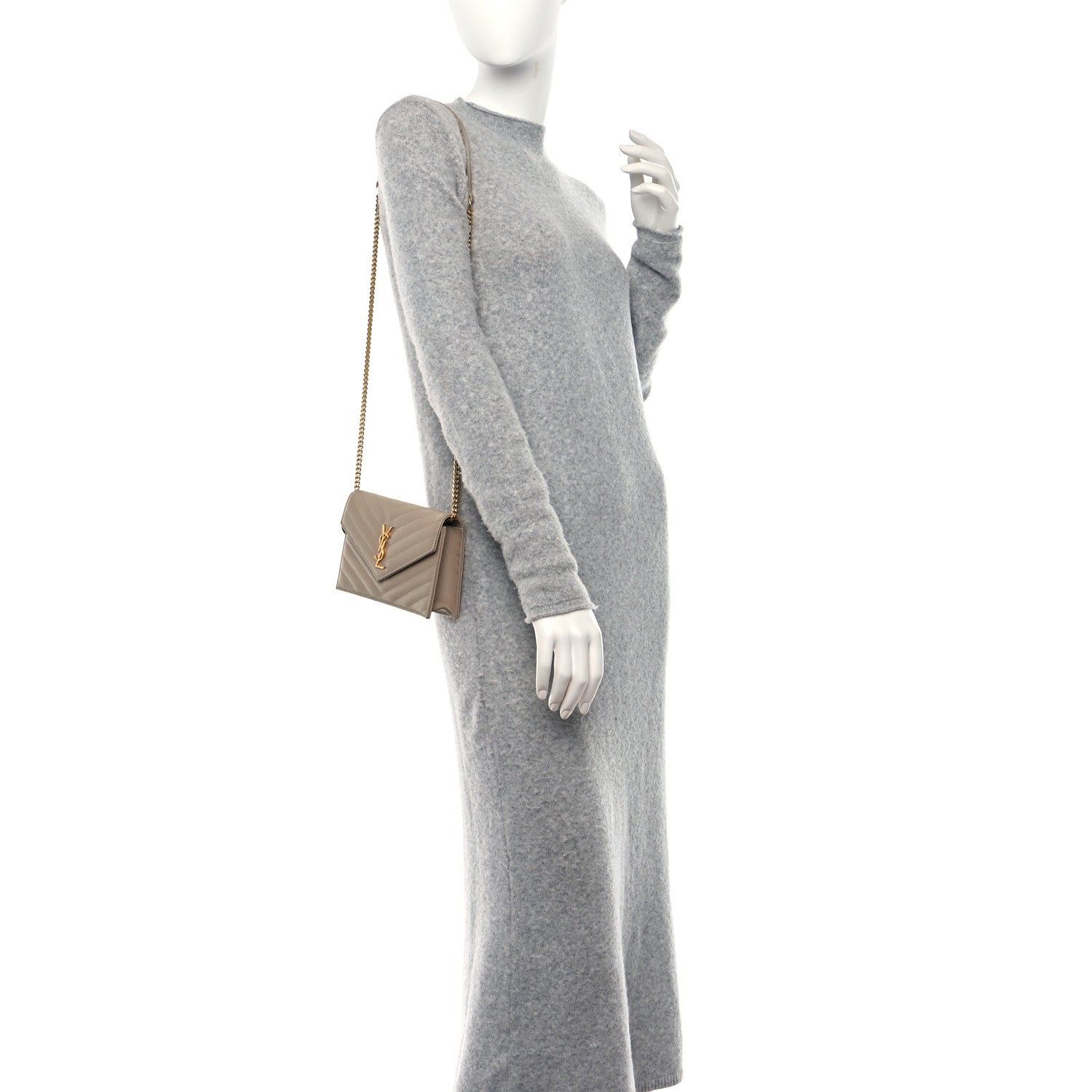 Saint Laurent Grain De Poudre Matelasse Chevron Monogram Envelope Chain Wallet Dark Beige 2 of 11