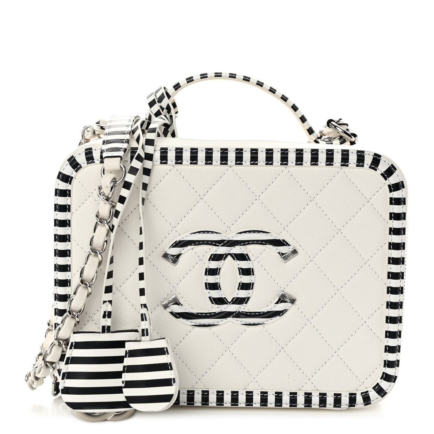 Caviar Quilted Striped Medium CC Filigree Vanity Case White Black