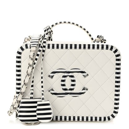 Chanel Caviar Quilted Striped Medium CC Filigree Vanity Case White Black 1 of 10