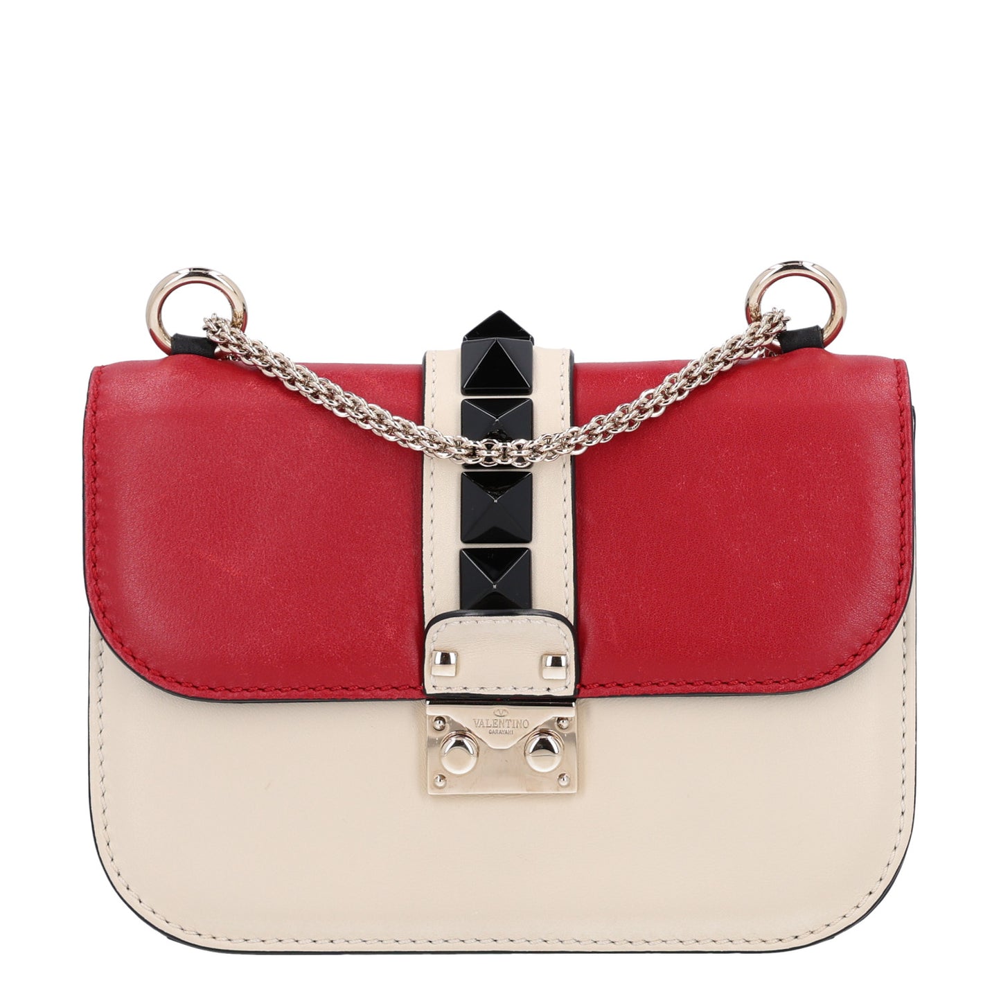 Vitello Small Glam Lock Rockstud Flap Red Ivory Black