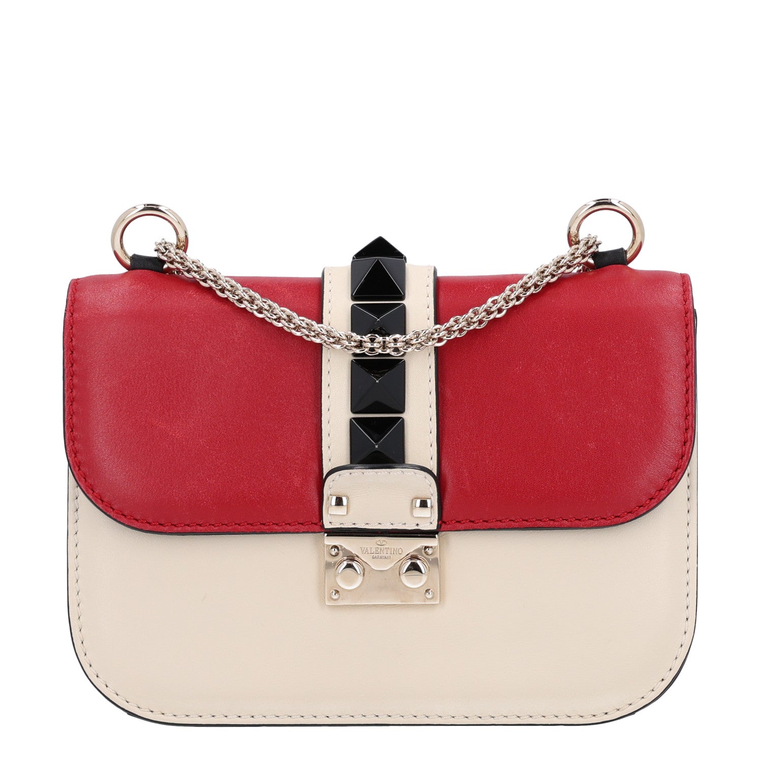 Valentino Garavani Vitello Small Glam Lock Rockstud Flap Red Ivory Black 1 of 9