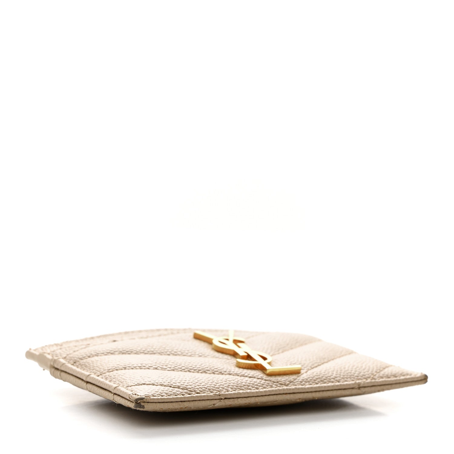 Saint Laurent Grain De Poudre Matelasse Chevron Monogram Credit Card Case Dark Beige 4 of 8