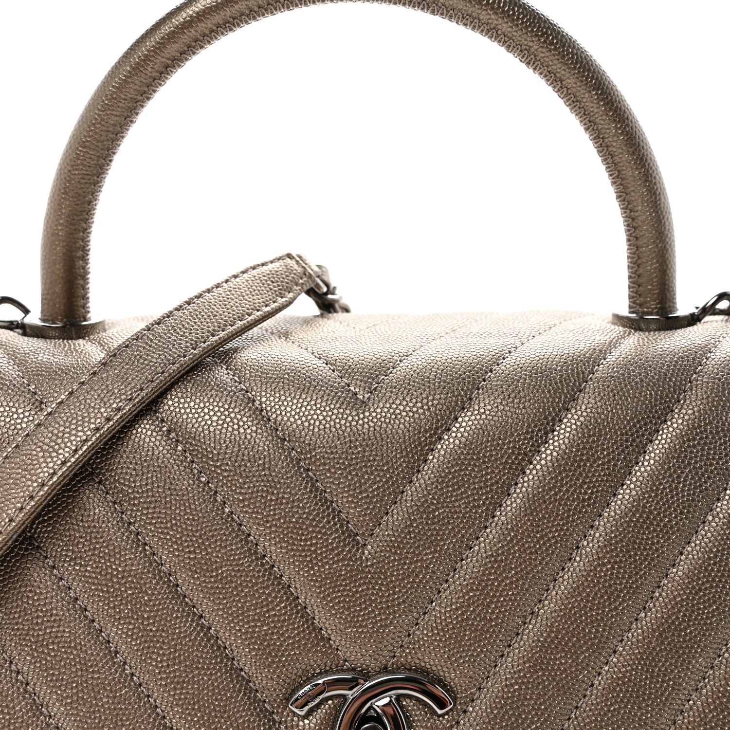 Chanel Metallic Caviar Chevron Quilted Small Coco Handle Flap Light Gold 8 of 10