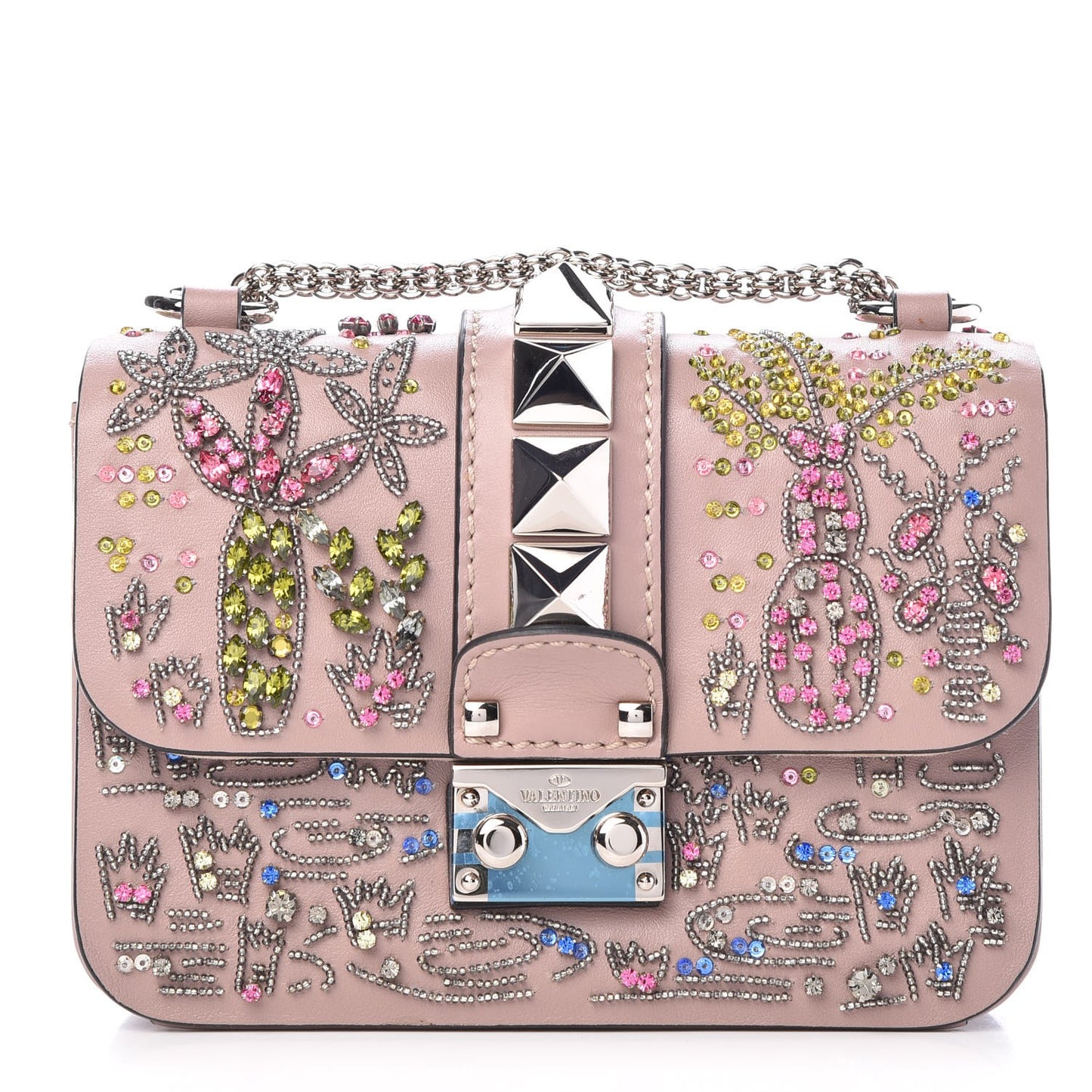 Vitello Beaded Small Glam Lock Rockstud Flap Poudre