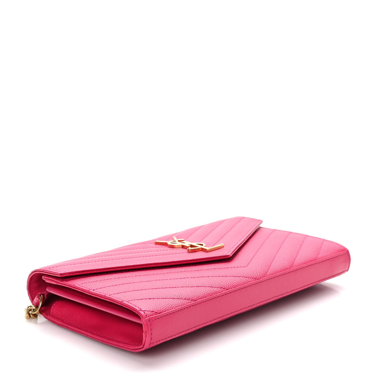 Saint Laurent Grain De Poudre Matelasse Chevron Cassandre Chain Wallet Lipstick Fuschia 4 of 8