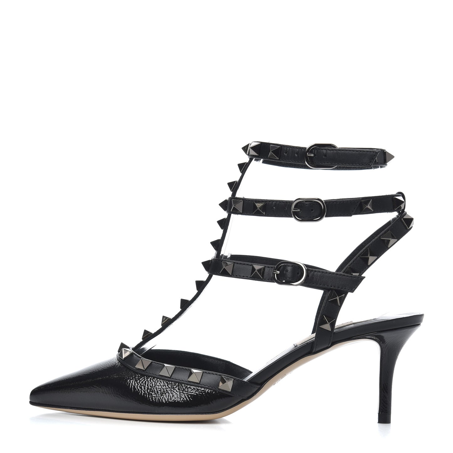 Wrinkled Patent Nappa Rockstud Ankle Strap 65mm Pumps 36.5 Black
