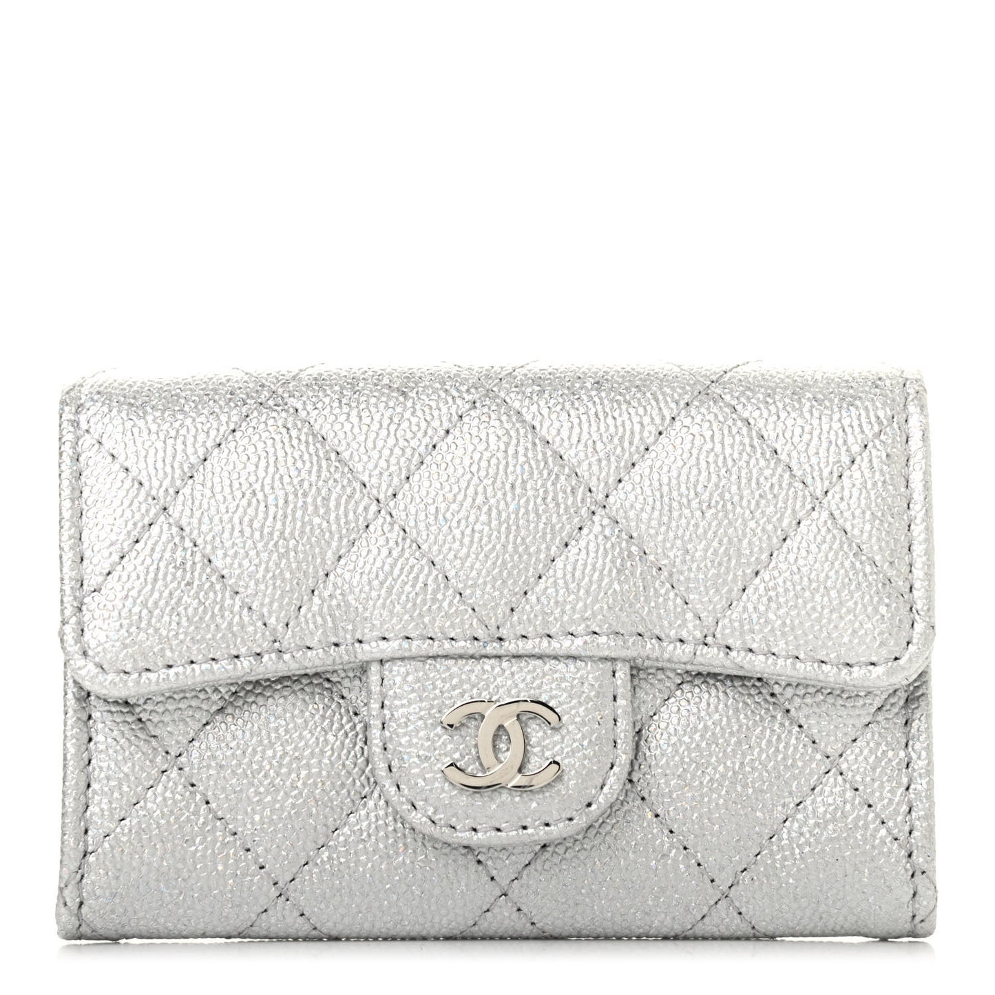 Glittered Metallic Caviar Quilted Flap Card Holder Wallet Silver