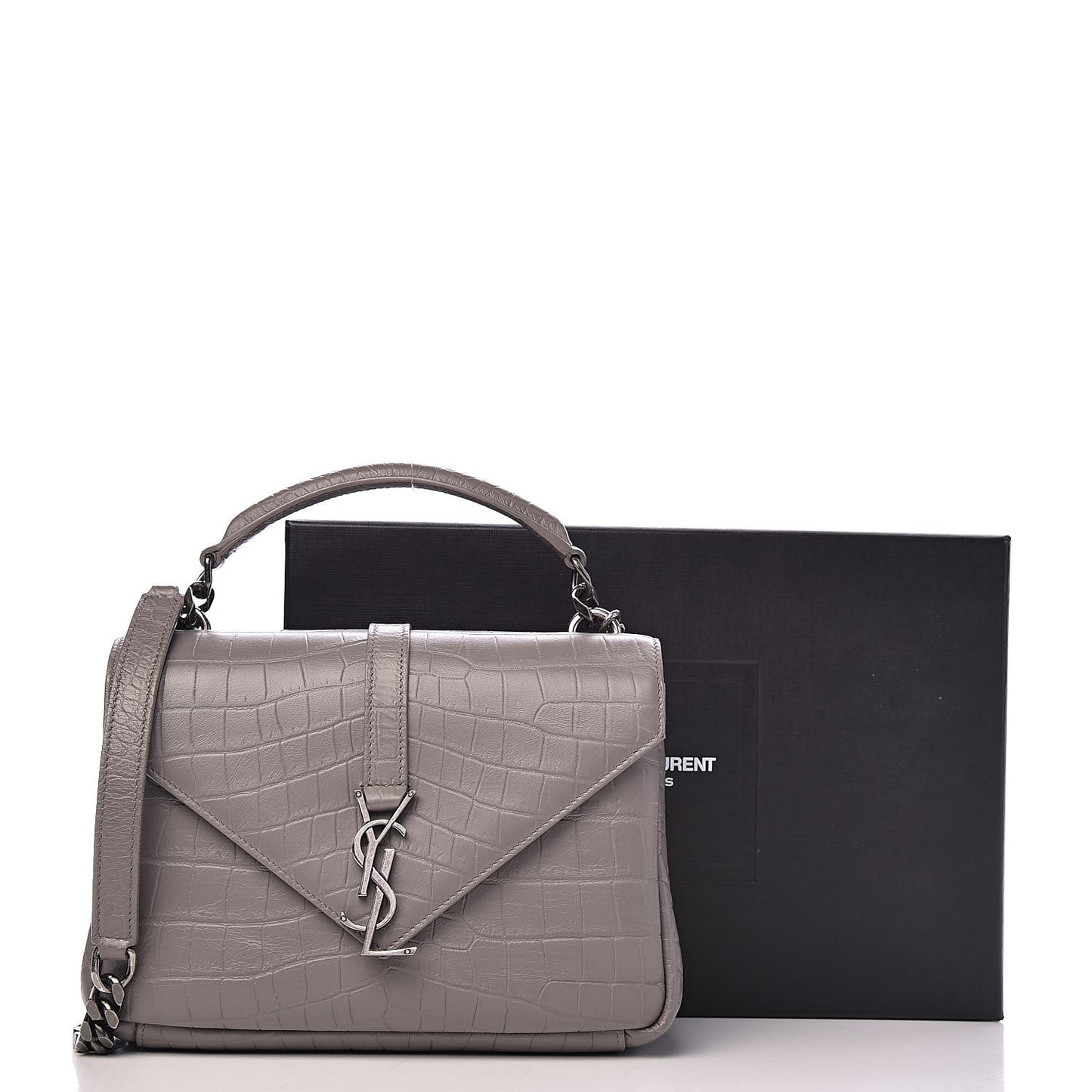 Calfskin Crocodile Embossed Medium College Monogram Satchel Gray