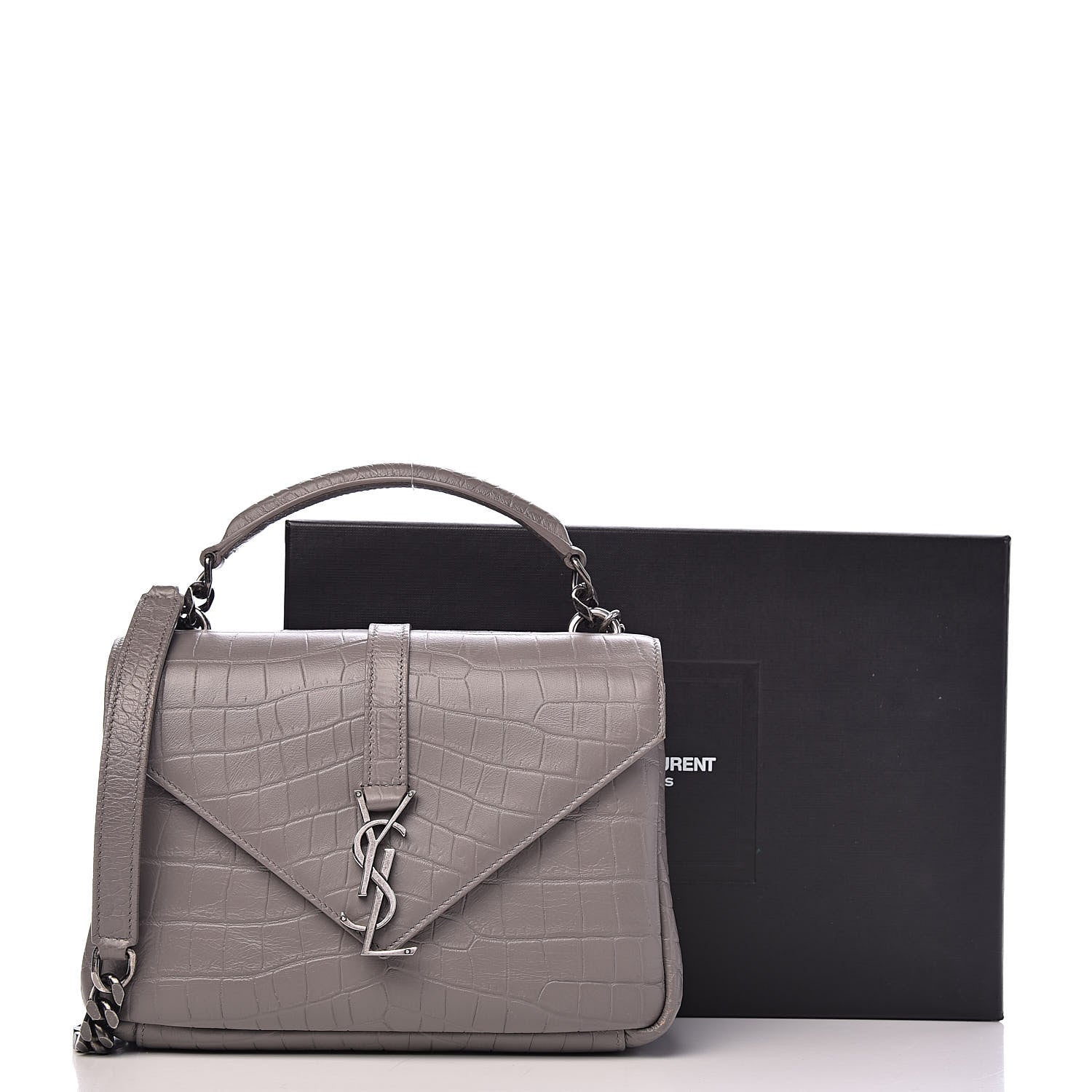 Saint Laurent Calfskin Crocodile Embossed Medium College Monogram Satchel Gray 15 of 15