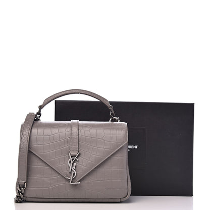 Saint Laurent Calfskin Crocodile Embossed Medium College Monogram Satchel Gray 15 of 15