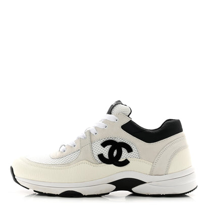 Chanel Mesh Suede Calfskin Grained Calfskin Womens CC Sneakers 41 White Black 1 of 7