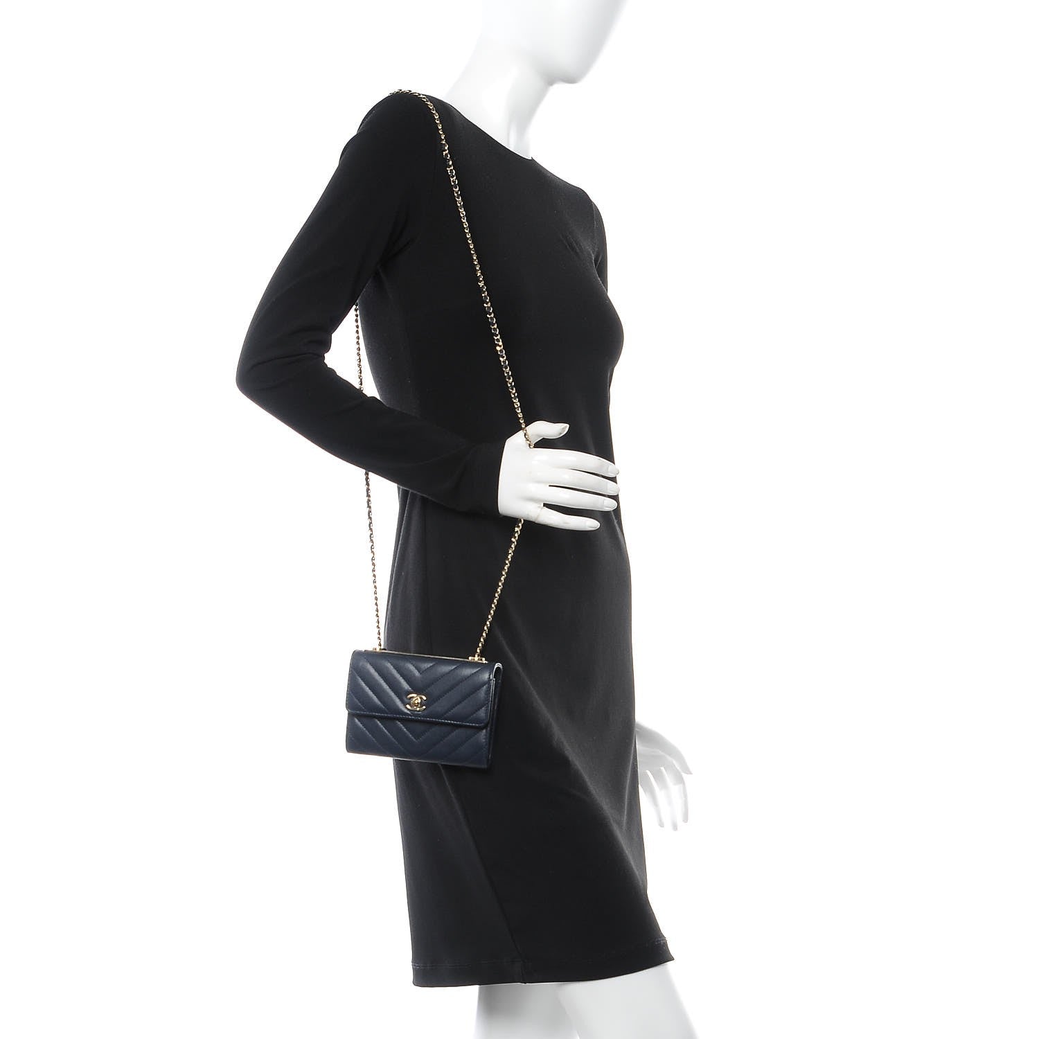 Chanel Lambskin Chevron Quilted Mini Trendy CC Chain Wallet Navy 2 of 8