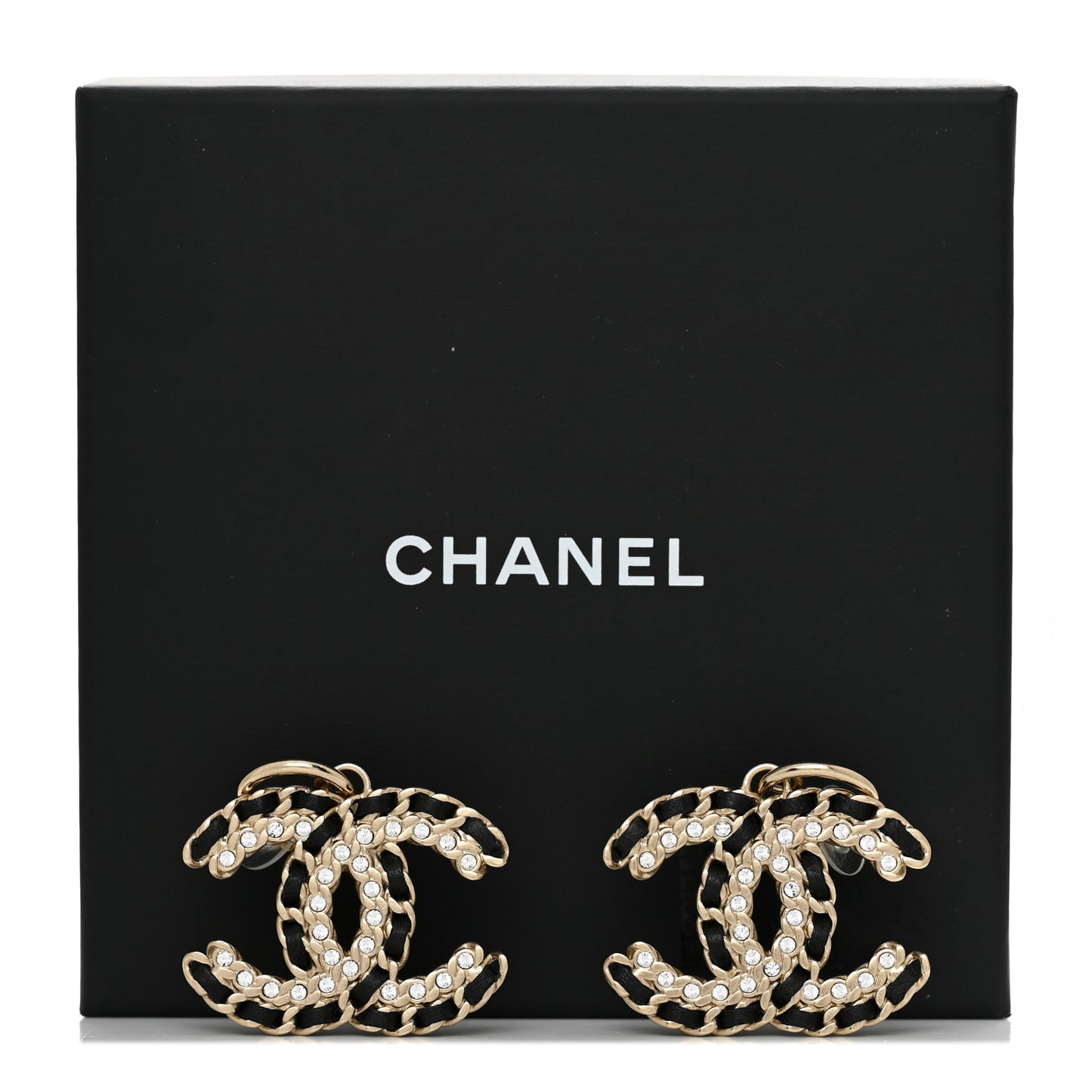 Crystal Lambskin Chain CC Vintage Allure Stud Earrings Black Gold