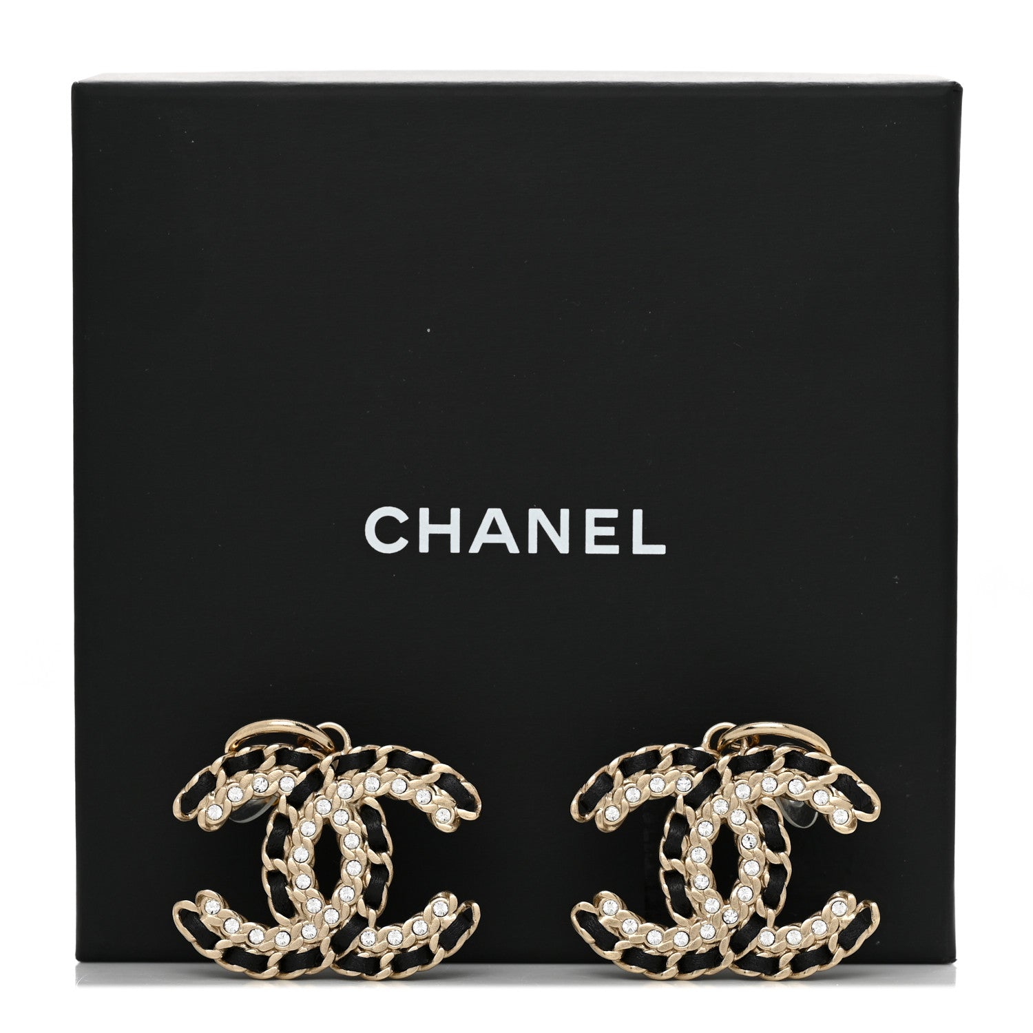 Chanel Crystal Lambskin Chain CC Vintage Allure Stud Earrings Black Gold 8 of 8