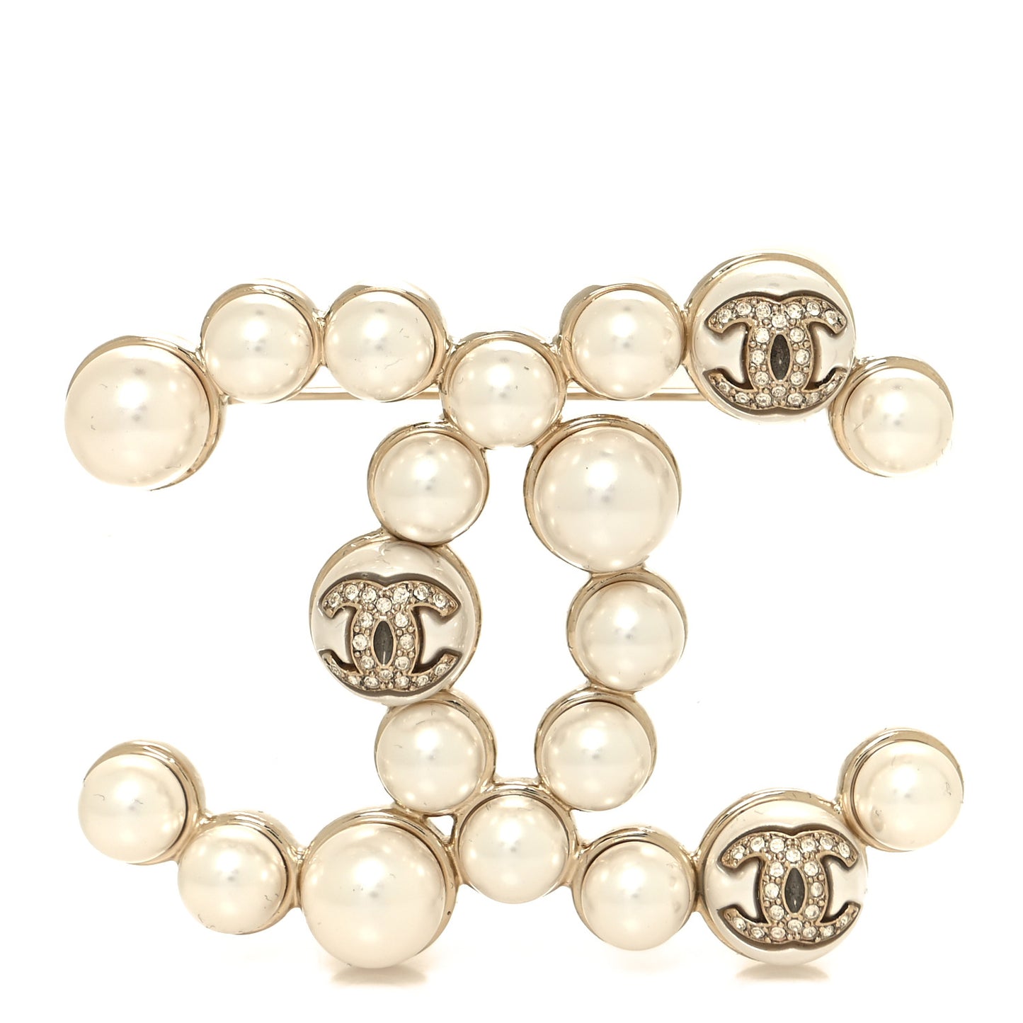 Metal Pearl Crystal CC Brooch Gold