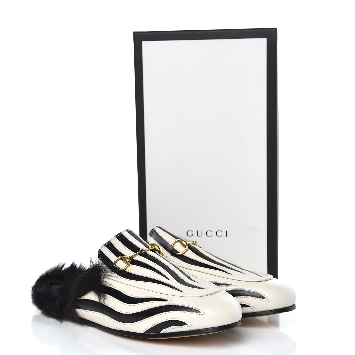 Malaga Kid Fur Zebra Inlay Womens Princetown Slippers 41 Mystic White Black